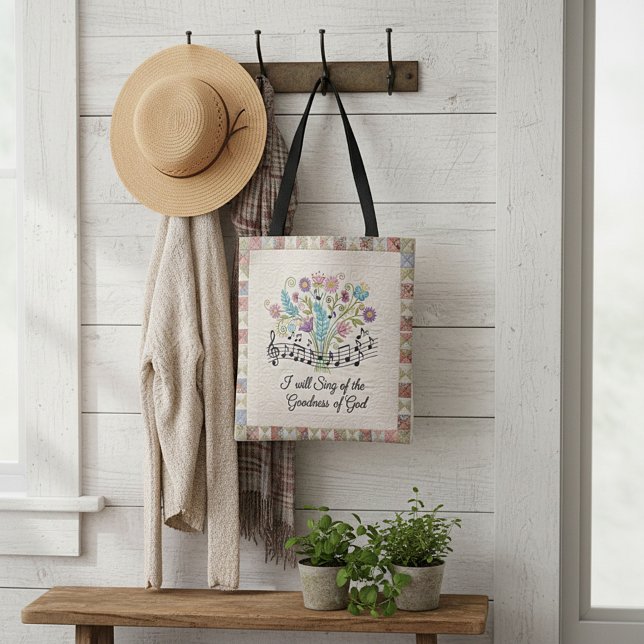 Goodness of God quilted look floral music Tote Bag (Creator Uploaded)