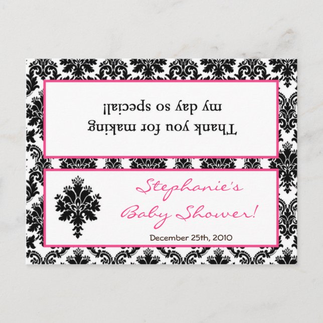 Goody Bag Topper Hot Pink Black Damask Invitation Postcard (Front)
