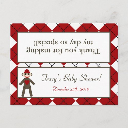 Goody Bag Topper Red Sock Monkey Argyle Invitation Postcard