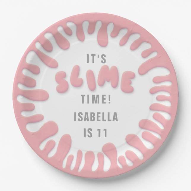 Gooey rose pink slime party paper plates (Front)
