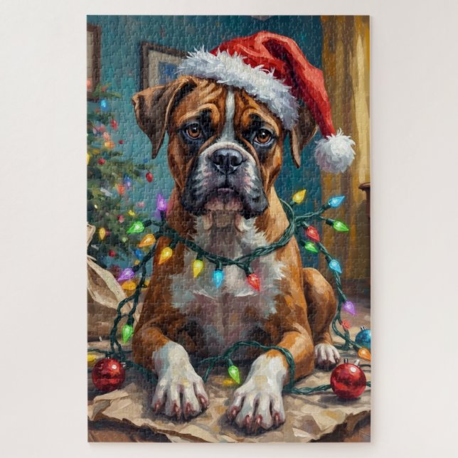Goofy Boxer Dog Tangled in Christmas Lights Jigsaw Puzzle (Vertical)
