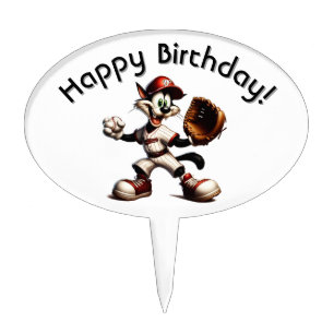 Goofy Cat Baseball Pitcher Happy Birthday Cake Topper