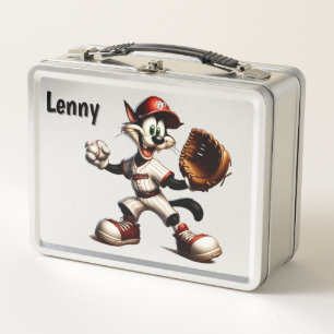 Goofy Cat Baseball Pitcher Personalized Metal Lunch Box