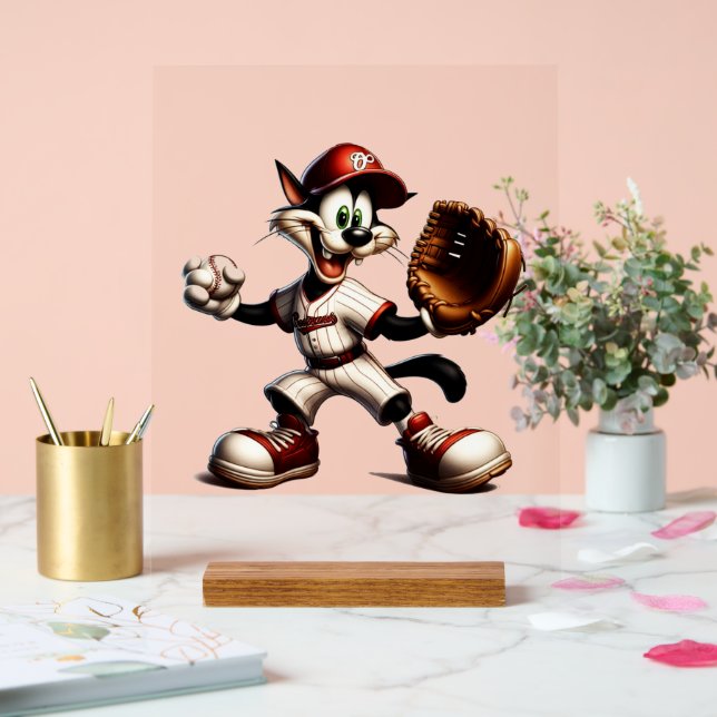 Goofy Cat Baseball Pitcher Winds Up Acrylic Sign (Wedding)