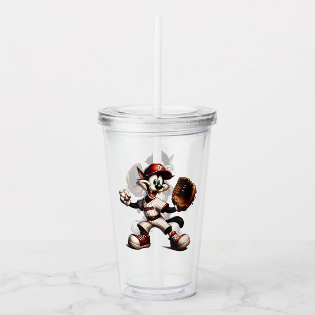 Goofy Cat Baseball Pitcher Winds Up Acrylic Tumbler (Front)