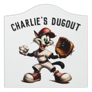 Goofy Cat Baseball Pitcher Winds Up Add Name Text Door Sign