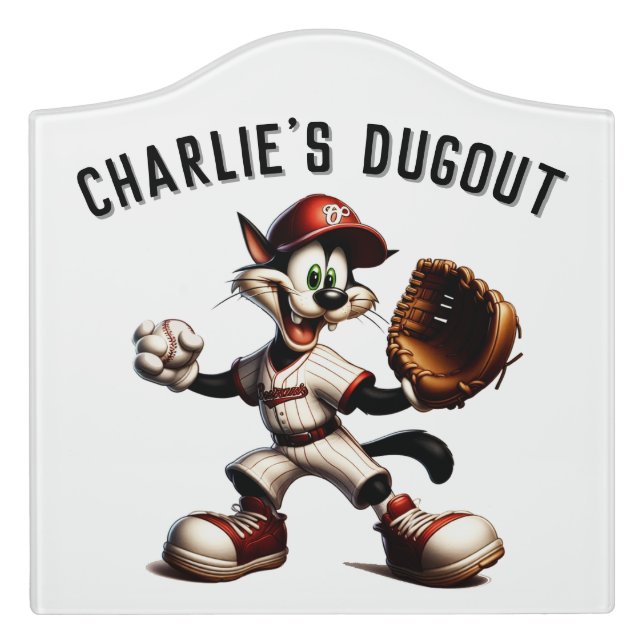 Goofy Cat Baseball Pitcher Winds Up Add Name Text Door Sign (Large Crest Front)