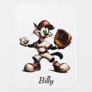 Goofy Cat Baseball Pitcher Winds Up Baby Name Blanket