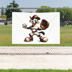 Goofy Cat Baseball Pitcher Winds Up Banner