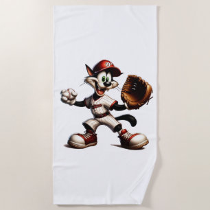 Goofy Cat Baseball Pitcher Winds Up Beach Towel