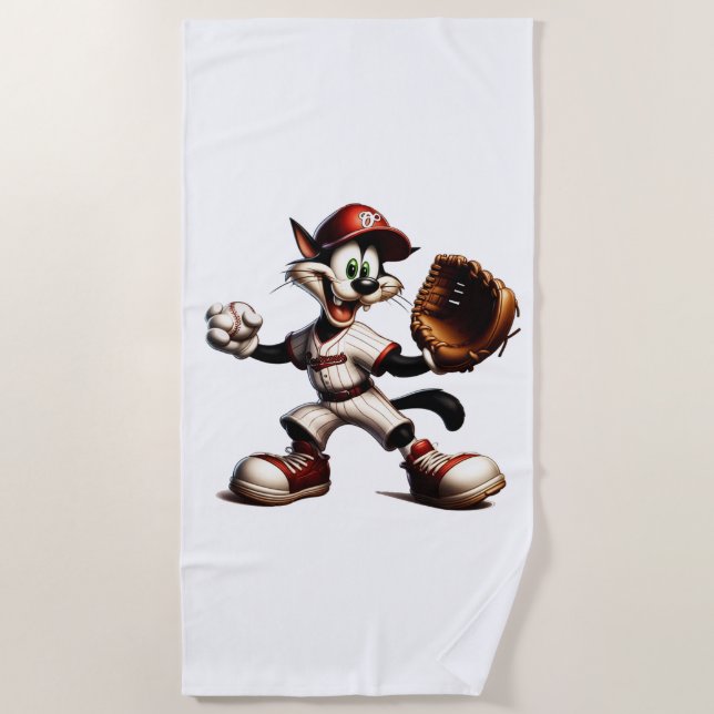Goofy Cat Baseball Pitcher Winds Up Beach Towel (Front)