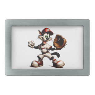 Goofy Cat Baseball Pitcher Winds Up Belt Buckle