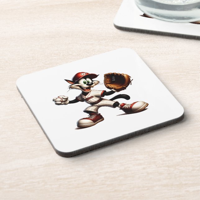 Goofy Cat Baseball Pitcher Winds Up Beverage Coaster (Left Side)