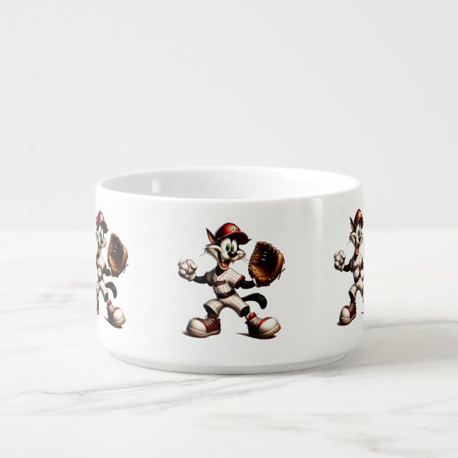 Goofy Cat Baseball Pitcher Winds Up Bowl (Center)