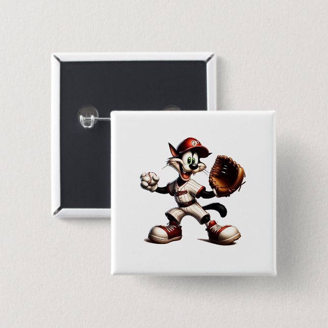 Goofy Cat Baseball Pitcher Winds Up Button (Front & Back)