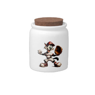 Goofy Cat Baseball Pitcher Winds Up Candy Jar