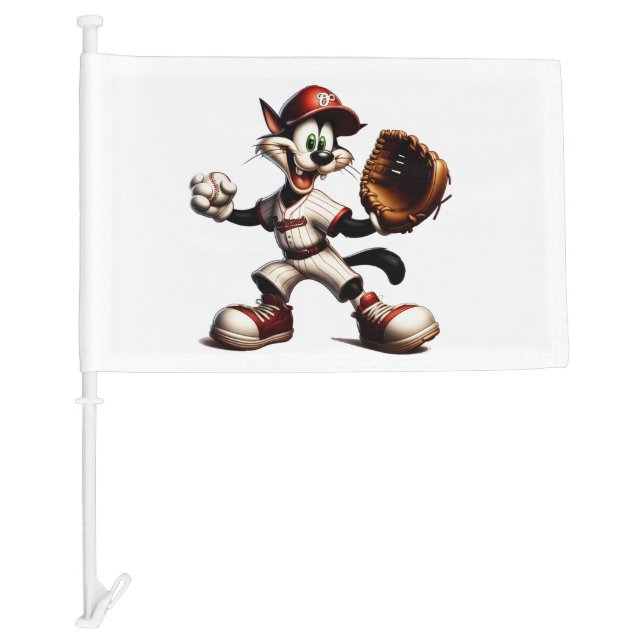 Goofy Cat Baseball Pitcher Winds Up Car Flag (Front)