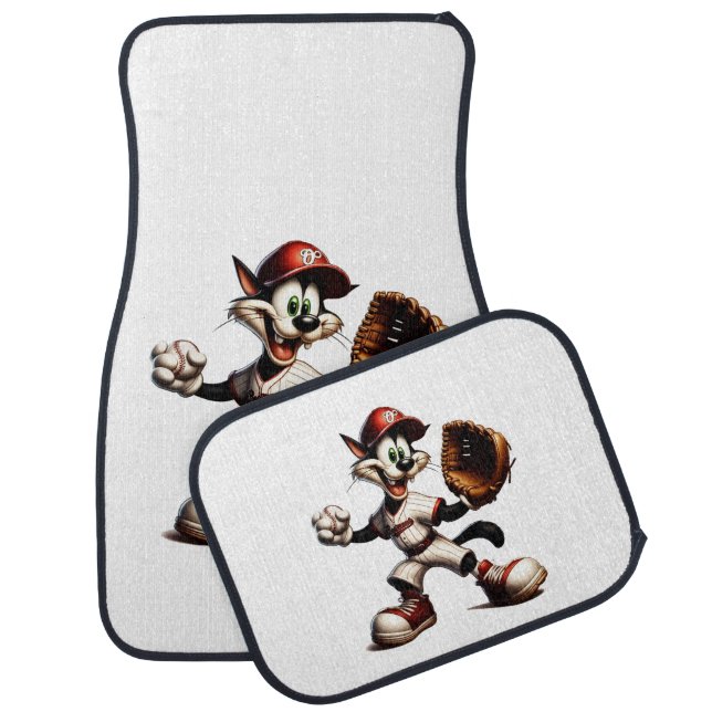 Goofy Cat Baseball Pitcher Winds Up Car Floor Mat (Set)