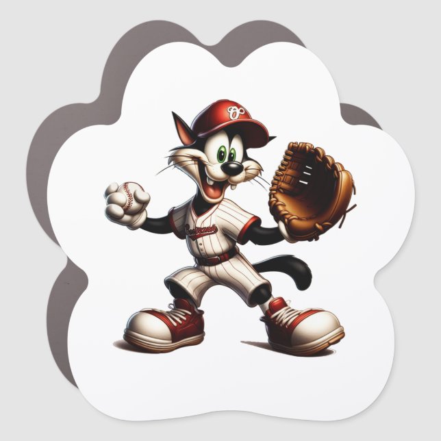 Goofy Cat Baseball Pitcher Winds Up Car Magnet (Front)