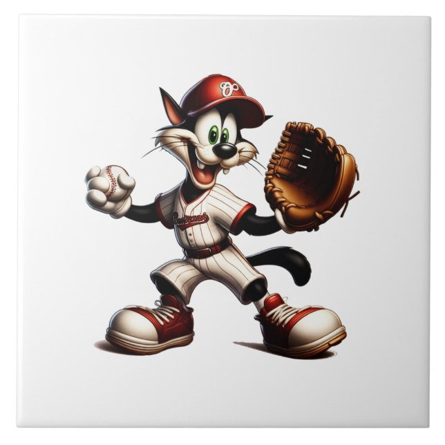 Goofy Cat Baseball Pitcher Winds Up Ceramic Tile (Front)