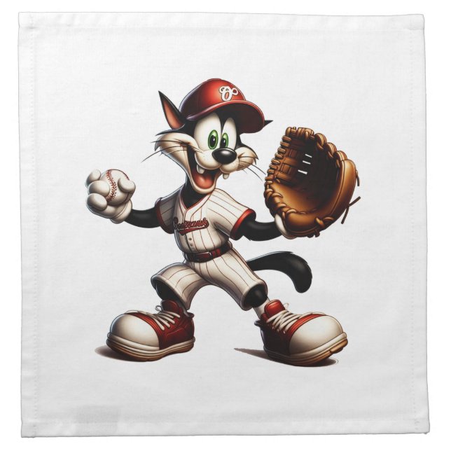 Goofy Cat Baseball Pitcher Winds Up Cloth Napkin (Front)