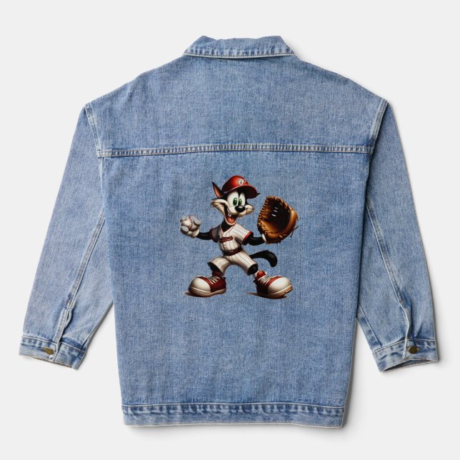 Goofy Cat Baseball Pitcher Winds Up Denim Jacket (Back)