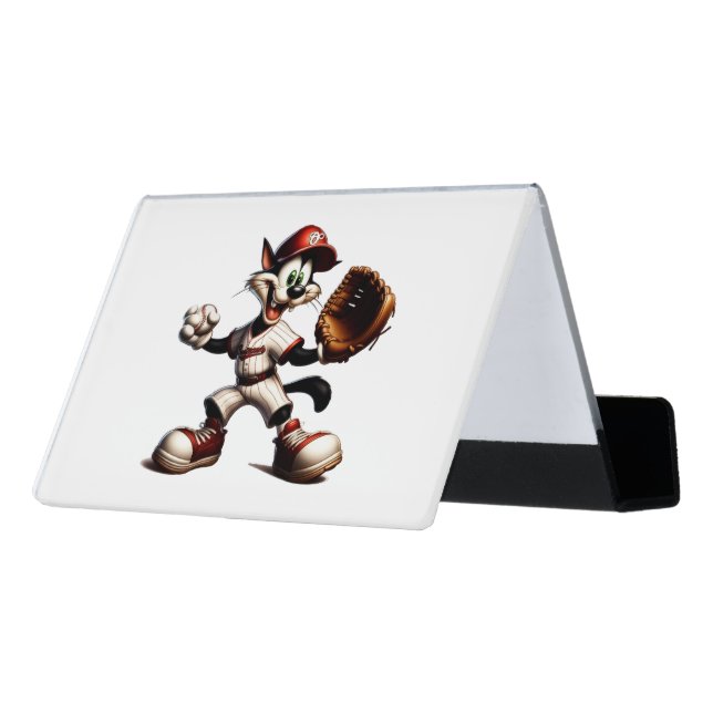 Goofy Cat Baseball Pitcher Winds Up Desk Business Card Holder (Angled Back)