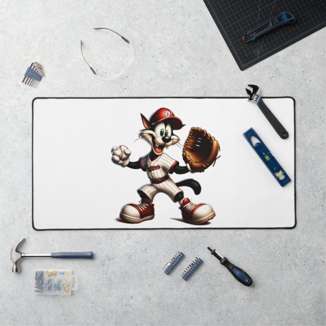 Goofy Cat Baseball Pitcher Winds Up Desk Mat (Workstation)