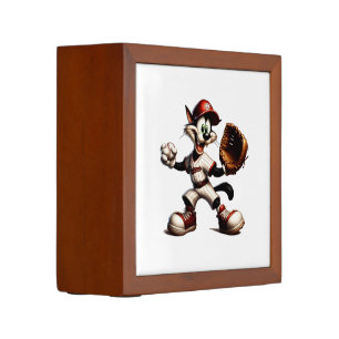 Goofy Cat Baseball Pitcher Winds Up Desk Organizer