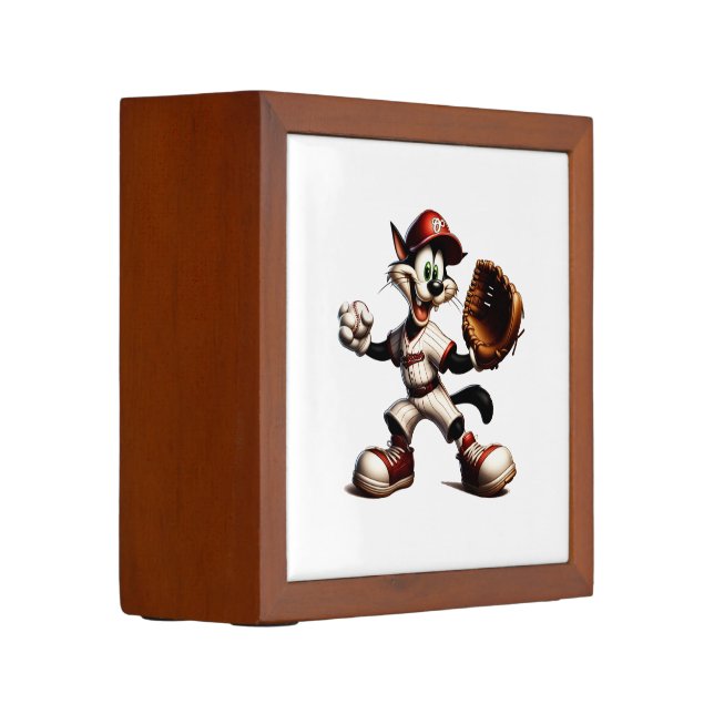 Goofy Cat Baseball Pitcher Winds Up Desk Organizer (Left)