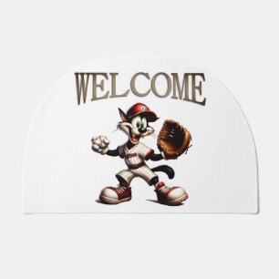 Goofy Cat Baseball Pitcher Winds Up Doormat