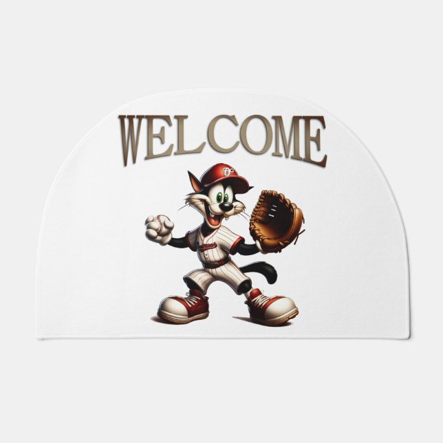 Goofy Cat Baseball Pitcher Winds Up Doormat (Front)