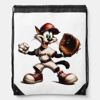 Goofy Cat Baseball Pitcher Winds Up Drawstring Bag