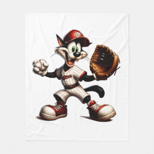 Goofy Cat Baseball Pitcher Winds Up Fleece Blanket