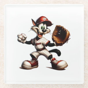 Goofy Cat Baseball Pitcher Winds Up Glass Coaster