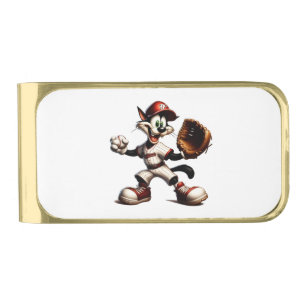 Goofy Cat Baseball Pitcher Winds Up Gold Finish Money Clip