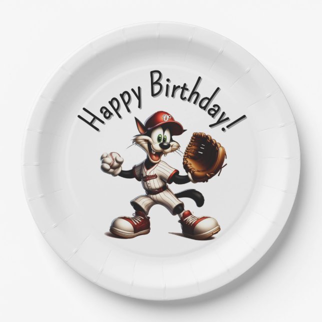 Goofy Cat Baseball Pitcher Winds Up Happy Birthday Paper Plates (Front)