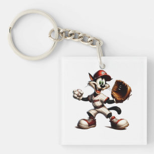 Goofy Cat Baseball Pitcher Winds Up Keychain