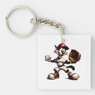 Goofy Cat Baseball Pitcher Winds Up Keychain