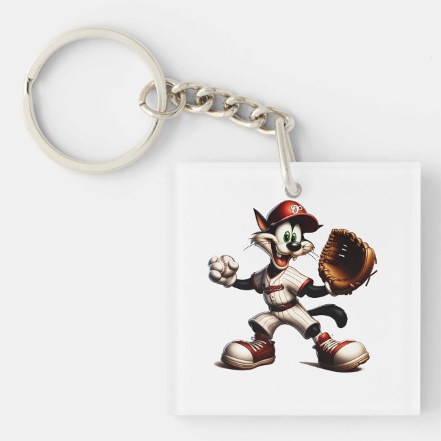 Goofy Cat Baseball Pitcher Winds Up Keychain (Front)
