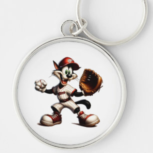 Goofy Cat Baseball Pitcher Winds Up Keychain