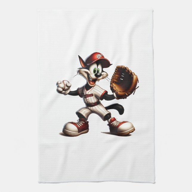 Goofy Cat Baseball Pitcher Winds Up Kitchen Towel (Vertical)