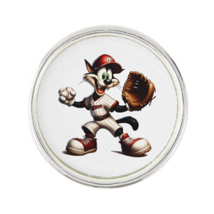 Goofy Cat Baseball Pitcher Winds Up Lapel Pin