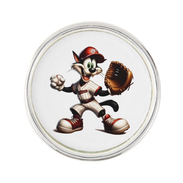 Goofy Cat Baseball Pitcher Winds Up Lapel Pin (Front)