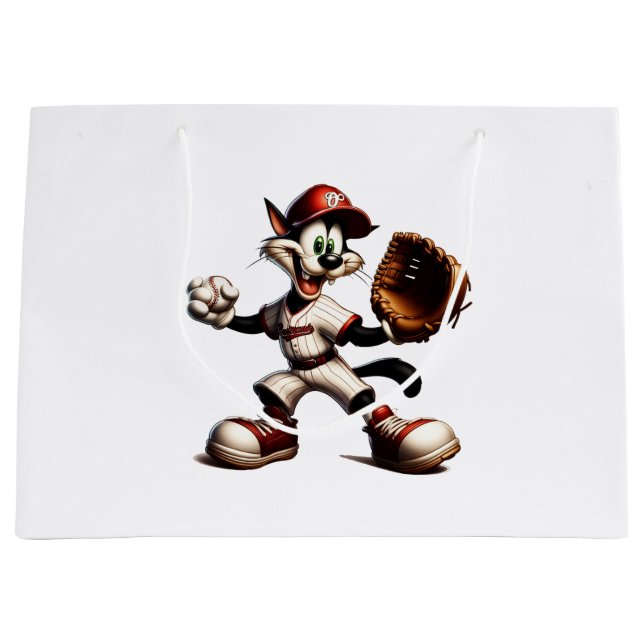 Goofy Cat Baseball Pitcher Winds Up Large Gift Bag (Front)