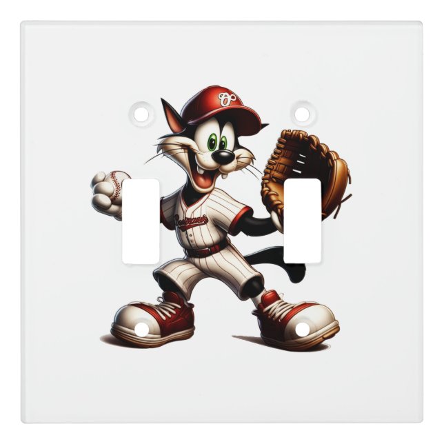 Goofy Cat Baseball Pitcher Winds Up Light Switch Cover (Front)