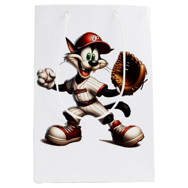 Goofy Cat Baseball Pitcher Winds Up Medium Gift Bag (Front)