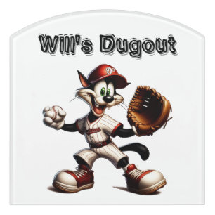 Goofy Cat Baseball Pitcher Winds Up Name &Text Door Sign