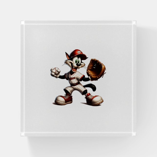 Goofy Cat Baseball Pitcher Winds Up Paperweight (Front)