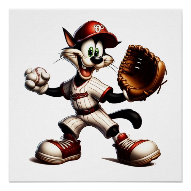 Goofy Cat Baseball Pitcher Winds Up Poster (Front)